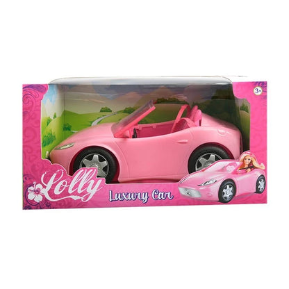 Pink toy convertible car in retail box with doll figure and accessories