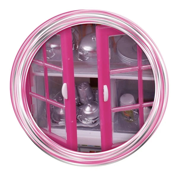 Doll kitchen oven with pink framed glass door and cookware inside