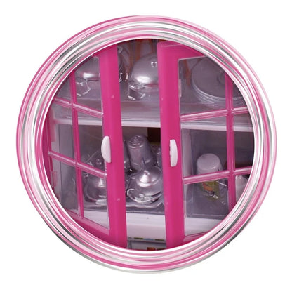 Doll kitchen oven with pink framed glass door and cookware inside
