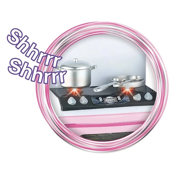 Pink and silver doll stovetop with pots and frying pan on glowing burners