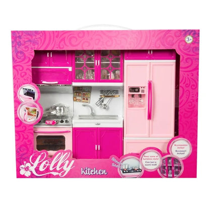 Pink doll kitchen set with cabinets, sink, stove, and refrigerator doors