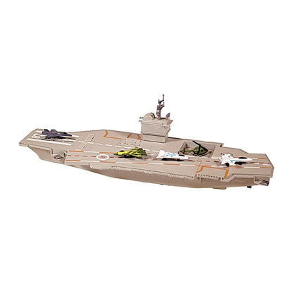 Aircraft carrier toy with 5 vehicles and gray flight deck, top view