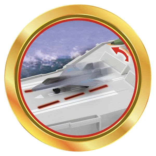 Circular aircraft carrier toy graphic showing gray fighter jet with red fins