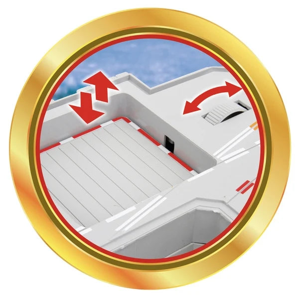 Circular aircraft carrier toy launcher graphic with red arrows and gray jet
