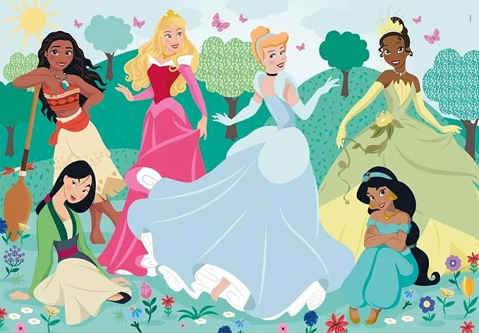 Princess-themed maxi jigsaw puzzle with assembled Disney character scene