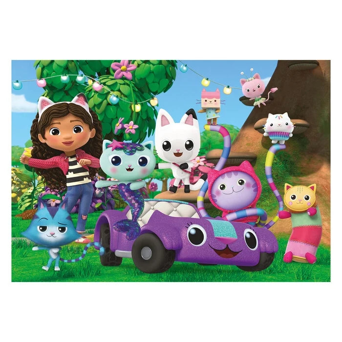 Assembled jigsaw puzzle artwork showing purple car and cute cat characters