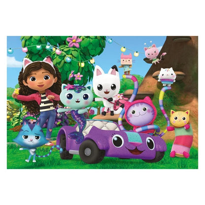 Assembled jigsaw puzzle artwork showing purple car and cute cat characters