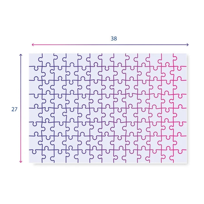 Puzzle size diagram with piece image, 38 x 27 cm dimensions