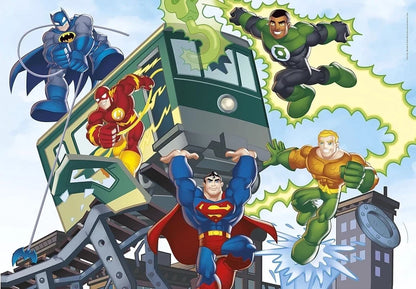 Superhero jigsaw puzzle artwork featuring Batman, Superman, and green heroes