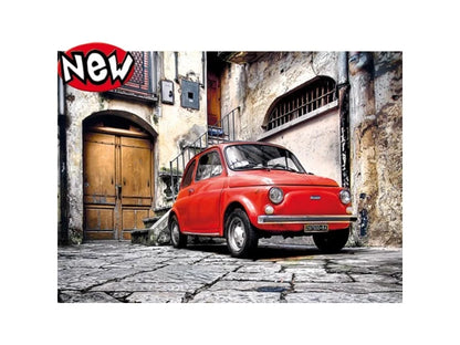 500-piece puzzle featuring a red Fiat 500 in a narrow street scene