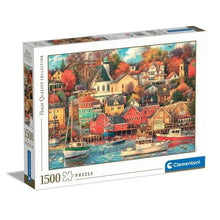 1500-piece jigsaw puzzle box featuring a colorful harbor town scene, Clementoni