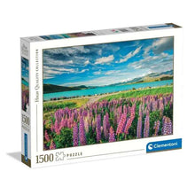 1500-piece jigsaw puzzle box with lupin flowers, lake shoreline, and mountain view