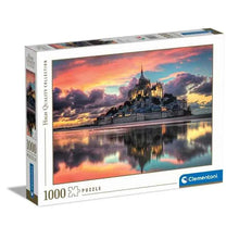 1000-piece jigsaw puzzle box showing Mont Saint-Michel at sunset with water reflection