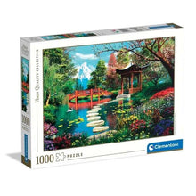 1000-piece jigsaw puzzle box, garden lake with pagoda and bridge artwork