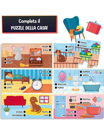 Children's home-themed puzzle board with colorful room, animal, and item illustrations