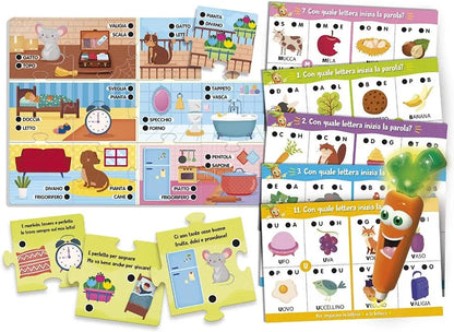 Children's letters and words puzzle set with colorful alphabet and picture cards