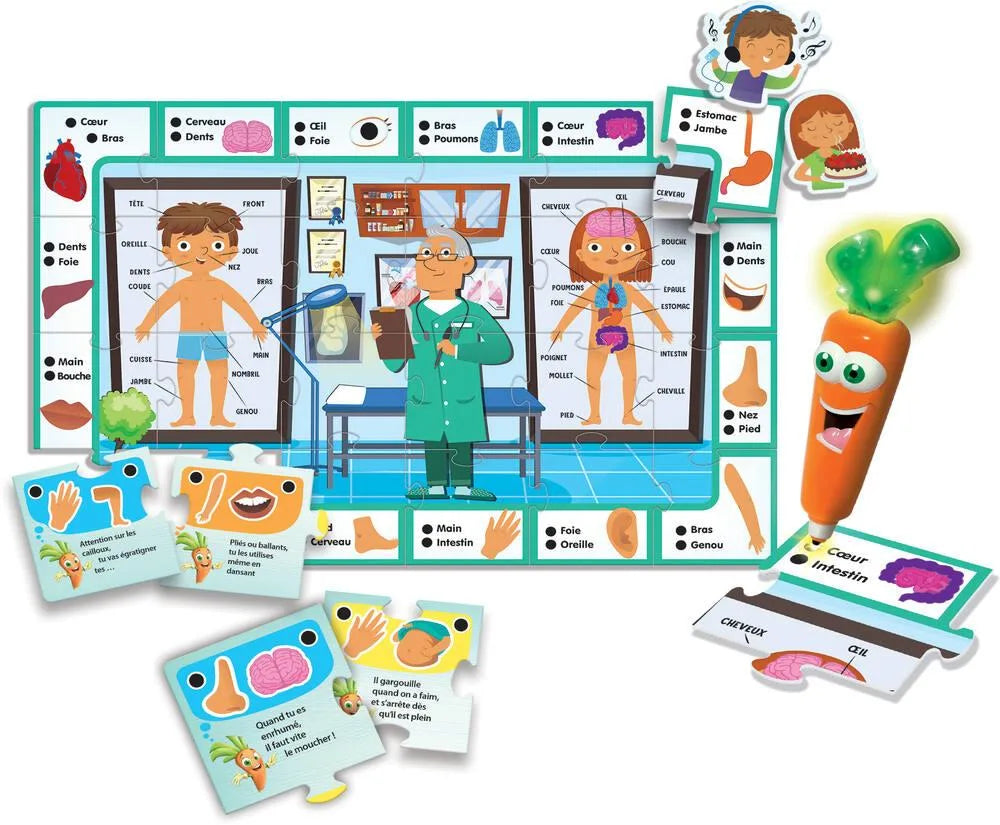 Doctor-themed French educational game pieces with scene board, character cards, and accessories set