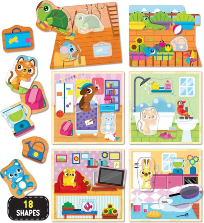 Montessori baby house activity tiles with animal characters and home scene panels
