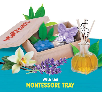 Scent tray set in wooden box with purple mold, flowers, and essential-oil diffuser