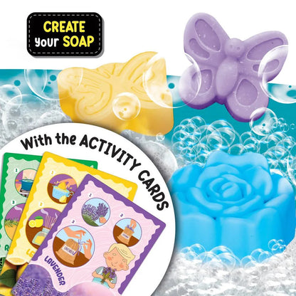 Soap-making activity kit with purple butterfly mold, soap bars, and activity cards