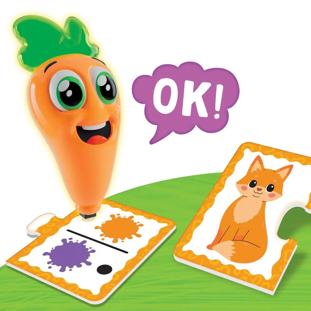 Cartoon carrot character with illustrated baby learning cards and speech bubble