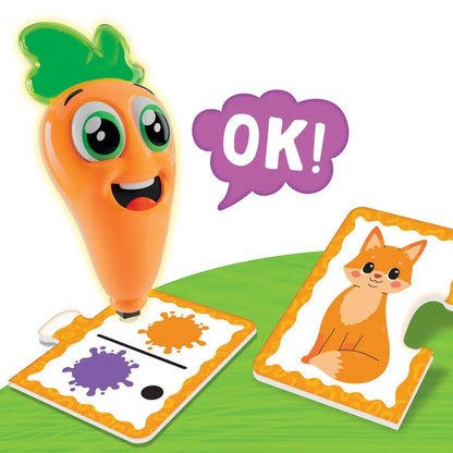 Cartoon carrot character with illustrated baby learning cards and speech bubble