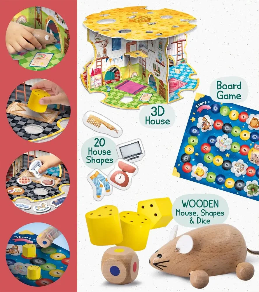 Montessori wooden mouse house 3D play set with board game, dice, and wooden mouse pieces