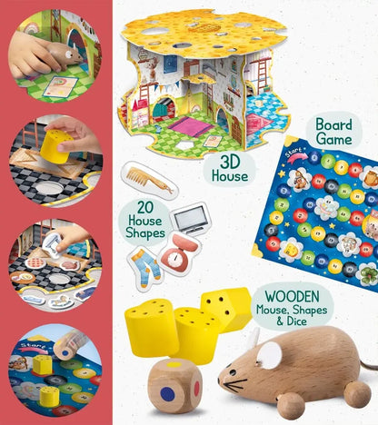 Montessori wooden mouse house 3D play set with board game, dice, and wooden mouse pieces