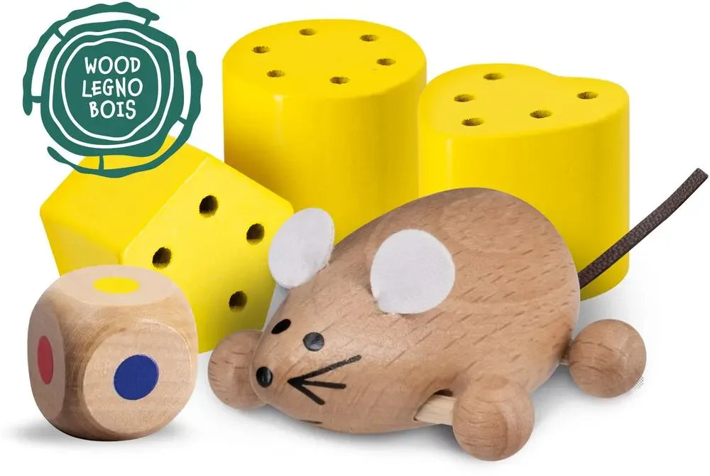 Wooden mouse shape sorter with yellow pegboard blocks and round wooden pieces