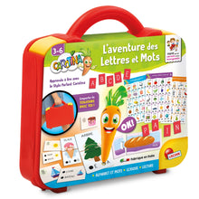 Red learning suitcase with alphabet and word cards for children, 3–6.