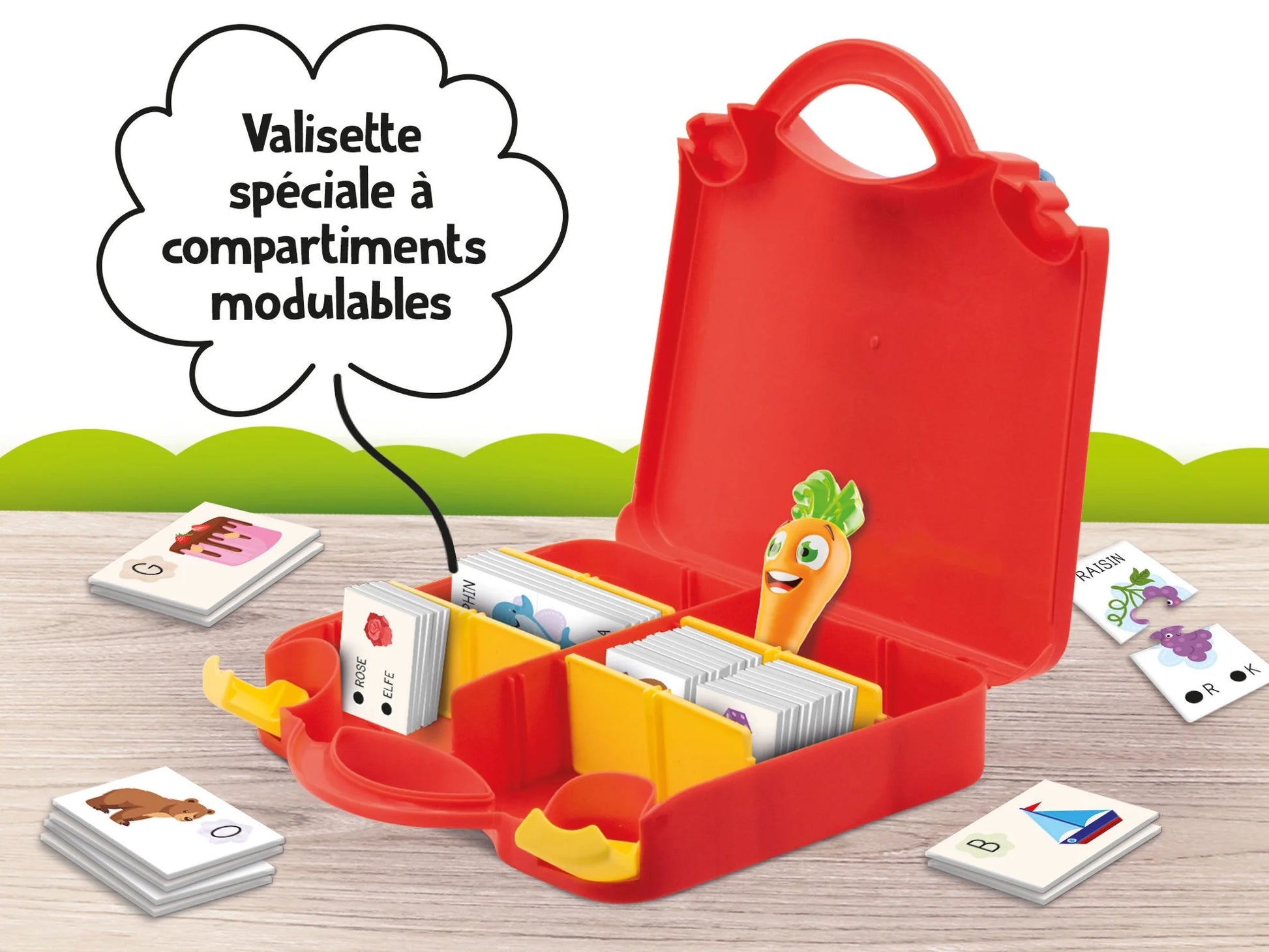 Open red modular learning suitcase with compartments and letter-and-word flashcards.