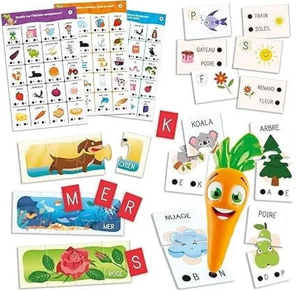 Set of letter and word flashcards with pictures and French labels.