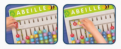 Montessori words activity board with colorful letter tiles and raised letter slots