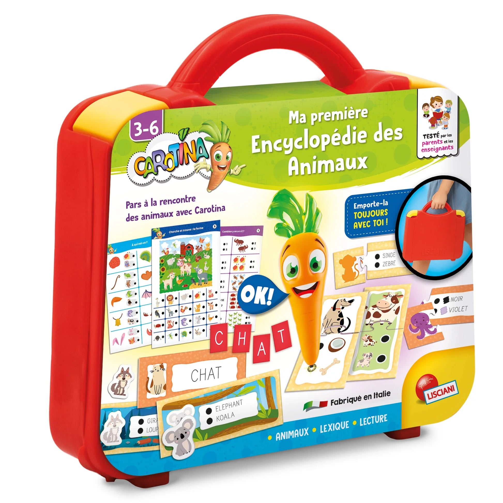 Kids animal encyclopedia book set in red carry case with handle and learning charts