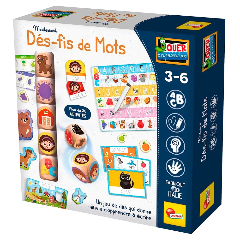Lisciani Montessori word-building dice game box with 3–6 age label