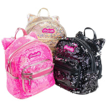 Mini sequin kitty backpacks in pink, black, and iridescent gold, with front zips