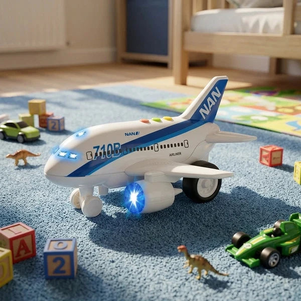 Blue and white light-up toy airplane with flashing lights and spinning wheels