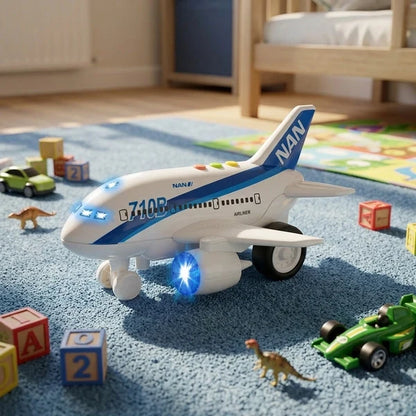 Blue and white light-up toy airplane with flashing lights and spinning wheels