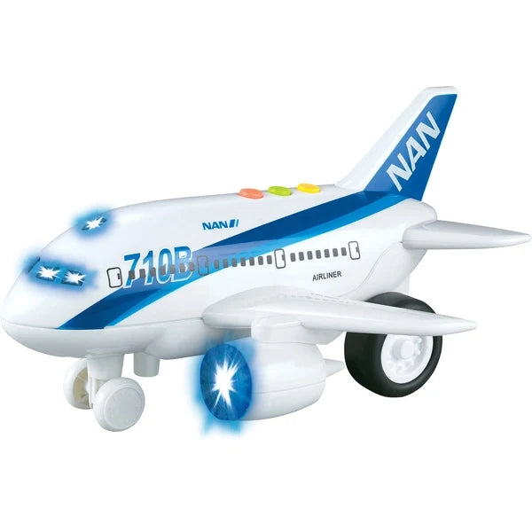 White and blue toy airplane with wing decals and bright front light