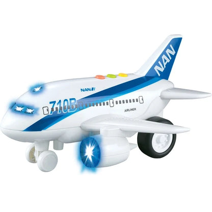 White and blue toy airplane with wing decals and bright front light