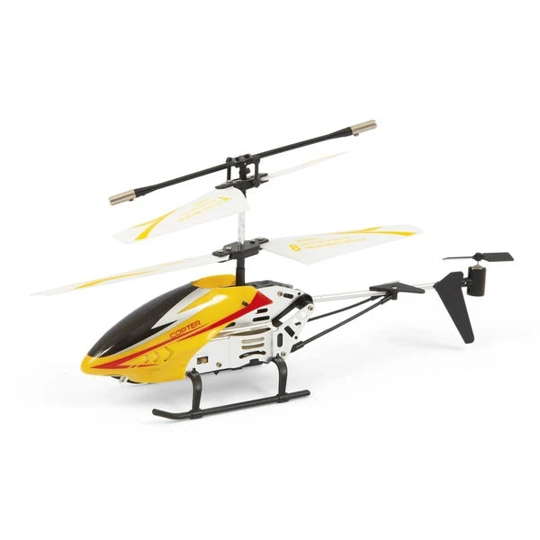 R/C helicopter with yellow, white, and red body, black skids and tail boom