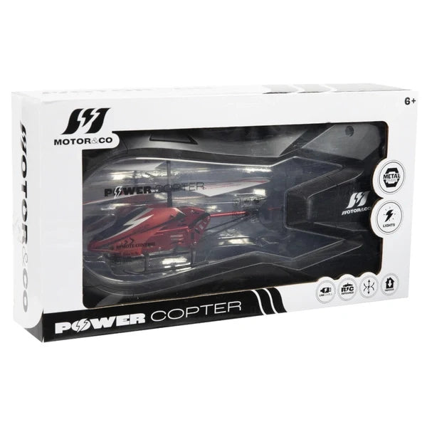 Motor & Co R/C helicopter in retail box, red helicopter visible through clear window