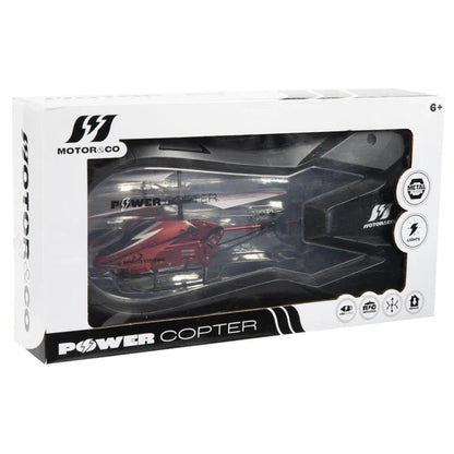 Motor & Co R/C helicopter in retail box, red helicopter visible through clear window