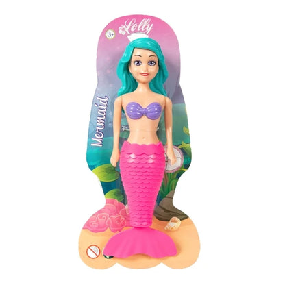 Lolly mechanical mermaid bath toy doll with teal hair, pink tail, holding seashell