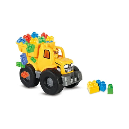 Yellow construction truck with colorful blocks on top and a few loose blocks