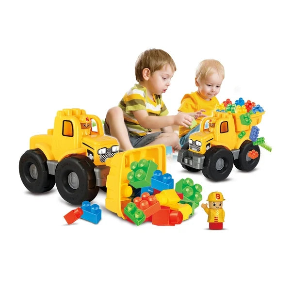 Toy construction truck with colorful building blocks and character pieces