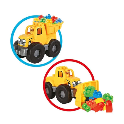 Yellow construction truck with blocks shown in two close-up views