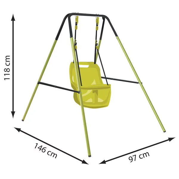 Dimensions of lime-green metal baby swing with hanging rope seat