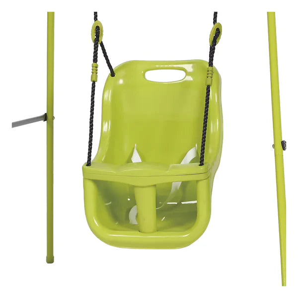 Lime-green baby swing seat with top handle and black rope straps