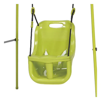 Lime-green baby swing seat with top handle and black rope straps